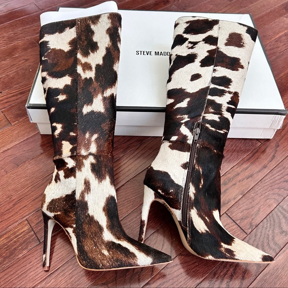 Steve Madden Nitro Brown Cow Print Real Fur Knee-High‎ Heeled Boots - Picture 3 of 12